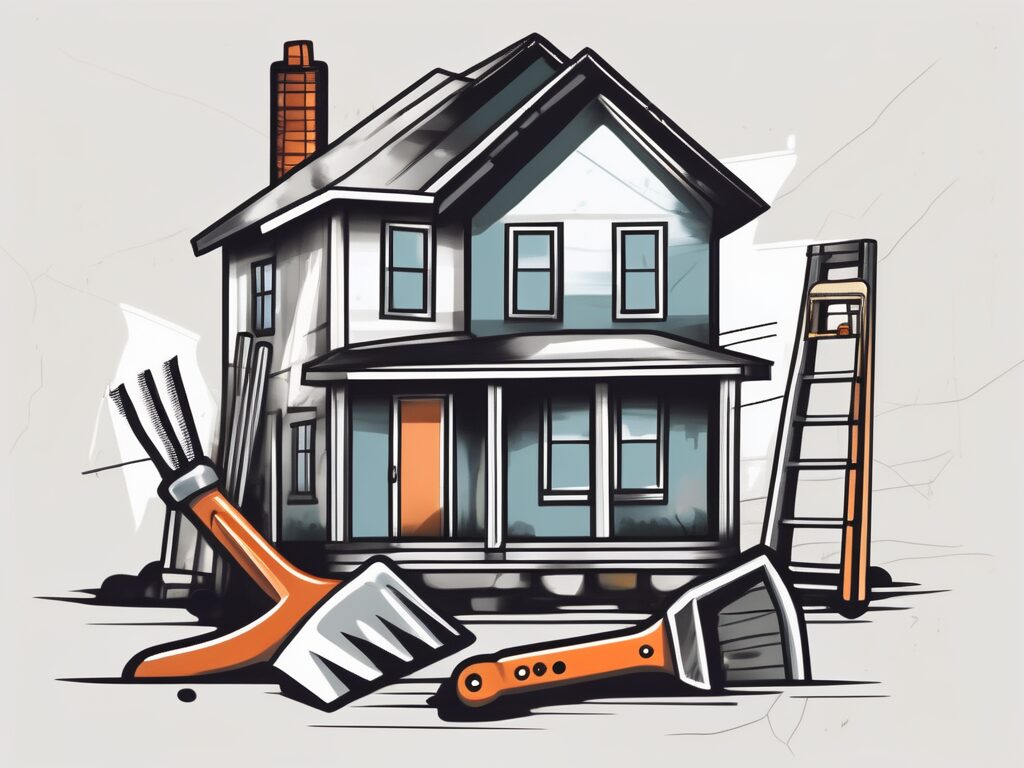 A house with various repair tools like a hammer