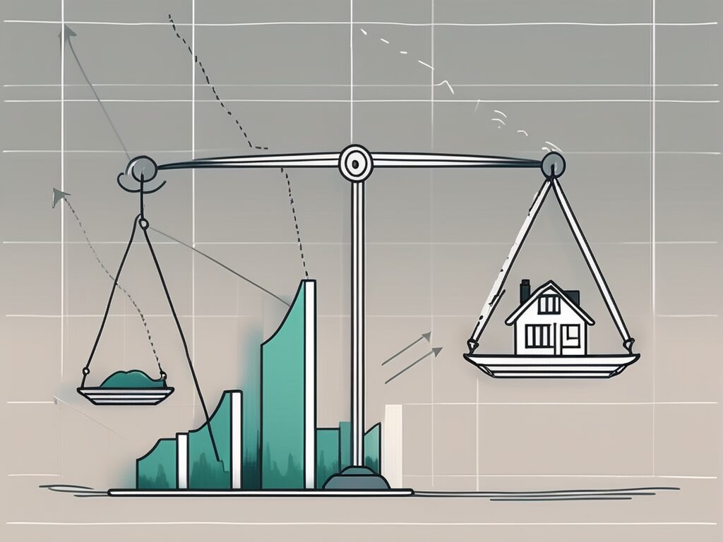 A scale balancing a house and a fluctuating graph