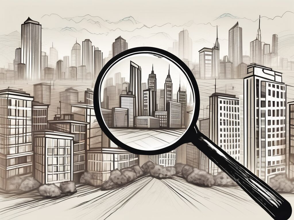 A magnifying glass hovering over a cityscape with different types of buildings