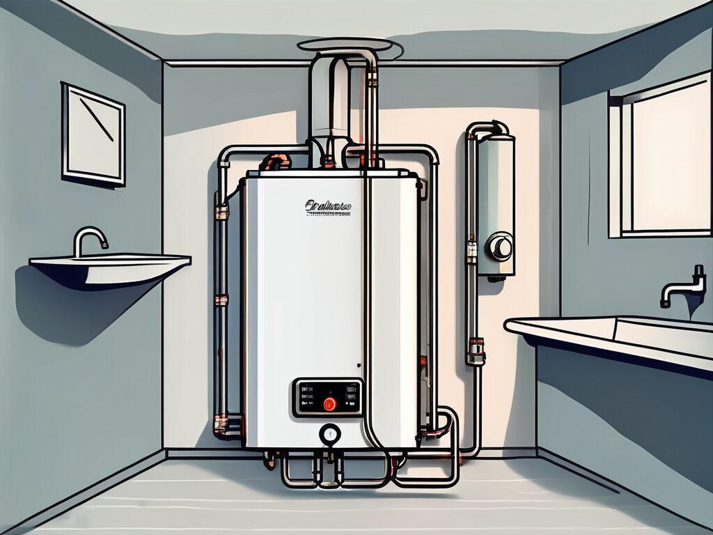 A tankless water heater installed in a home setting