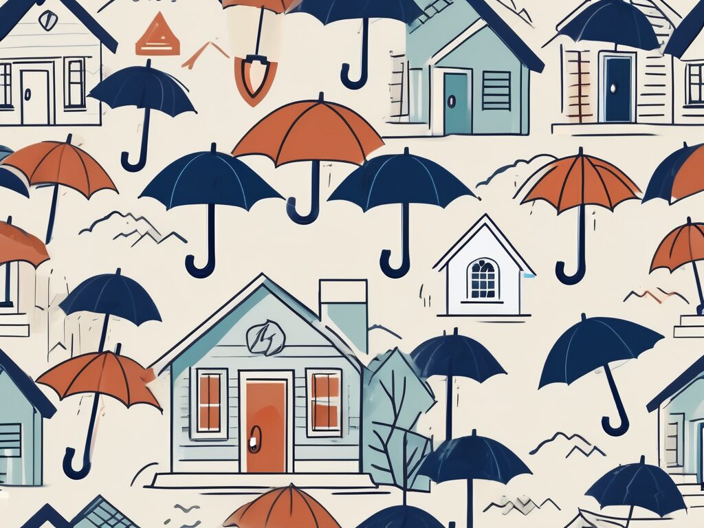 A house surrounded by various insurance-related symbols like a shield