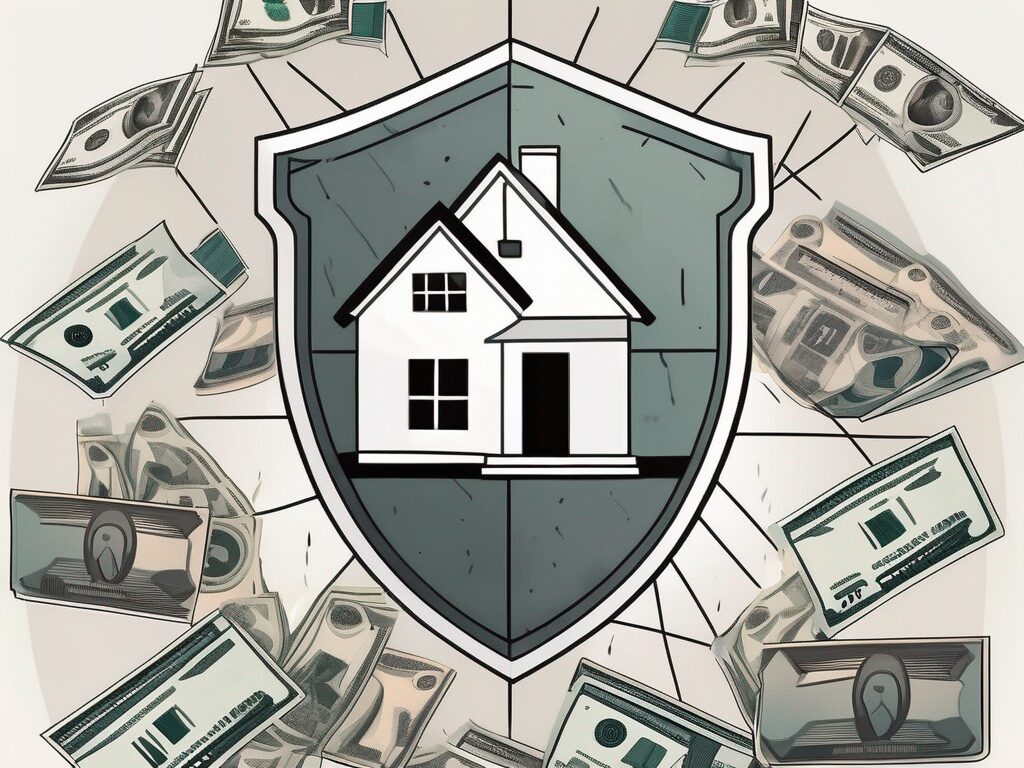A shield symbolically blocking various symbols of a house