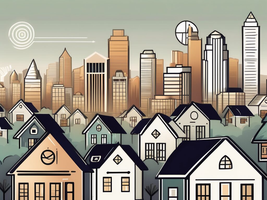A variety of stylized houses with a dallas skyline in the background