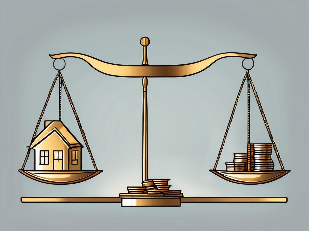 A balanced scale with various property icons (like a house