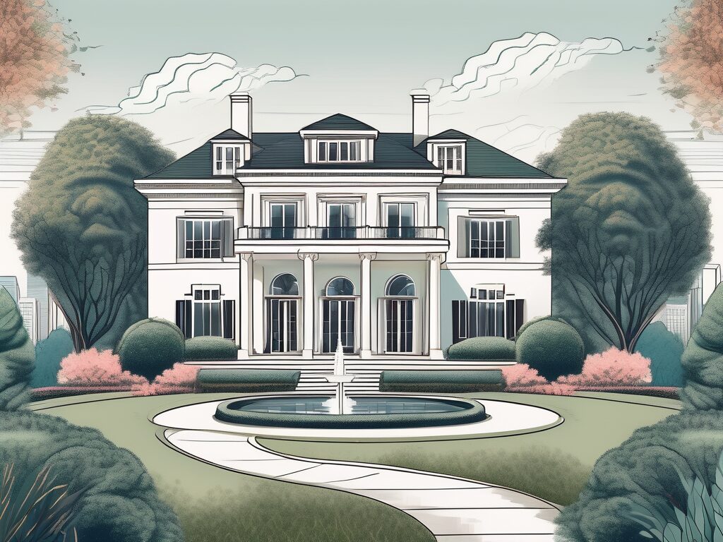 A lavish mansion with a beautifully manicured garden
