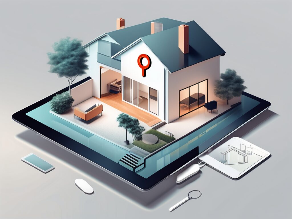 A modern house with a giant 'i' symbol in the foreground