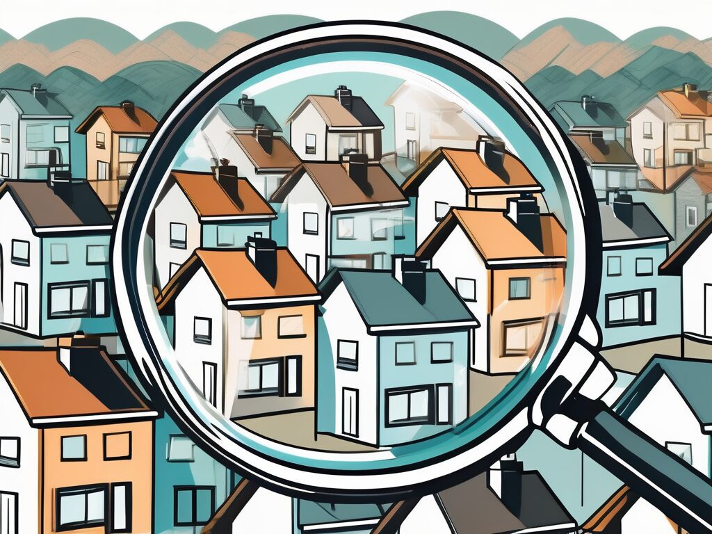 A magnifying glass hovering over a variety of houses