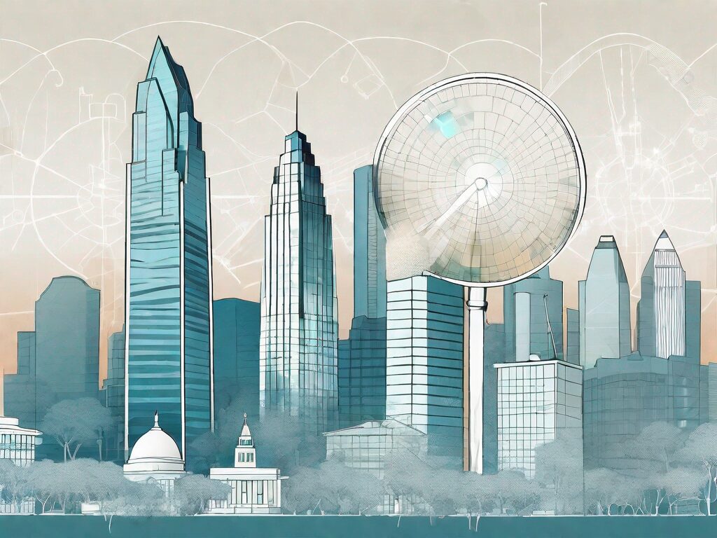 A futuristic delaware skyline with a mix of residential and commercial buildings