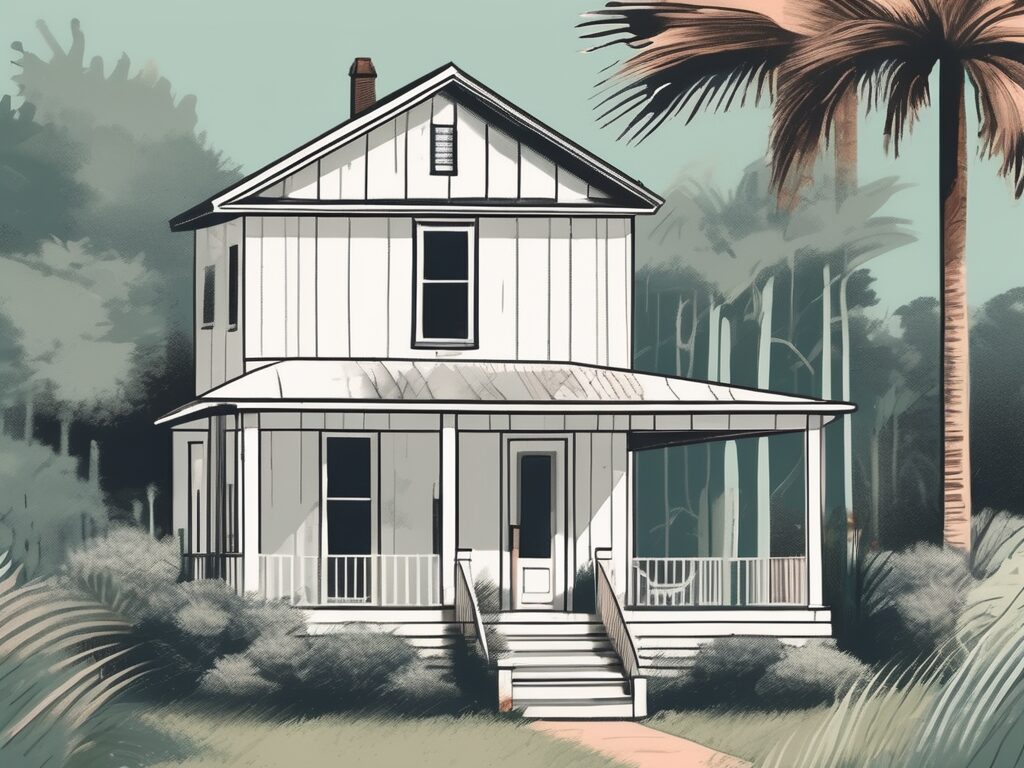 A house with a 'for sale' sign in the lush landscape of apalachicola