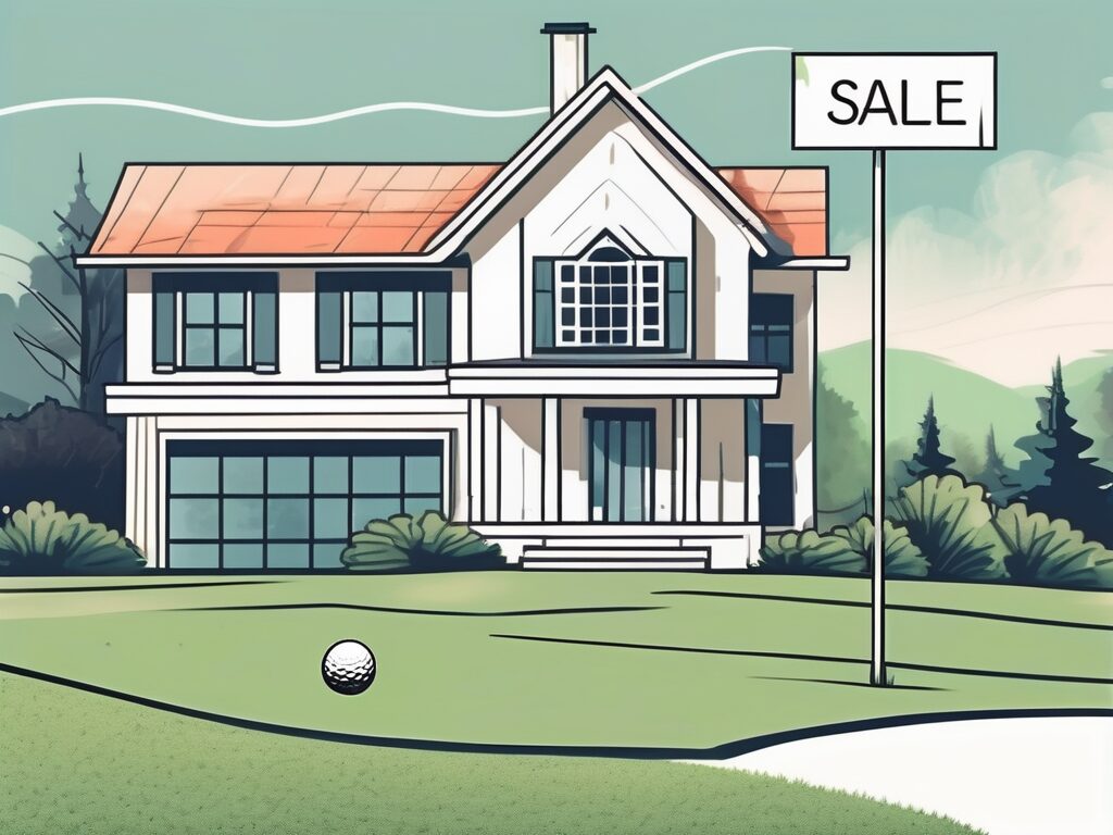 A house with a 'for sale' sign on the front lawn