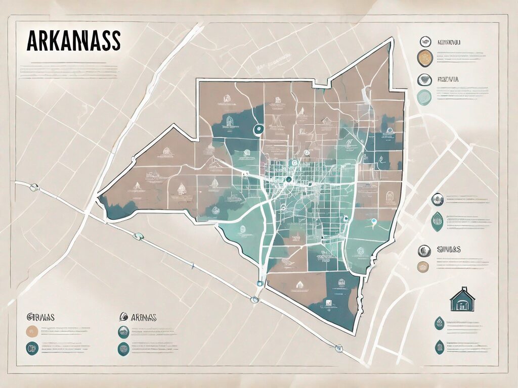 A digital map pinpointing various locations in arkansas