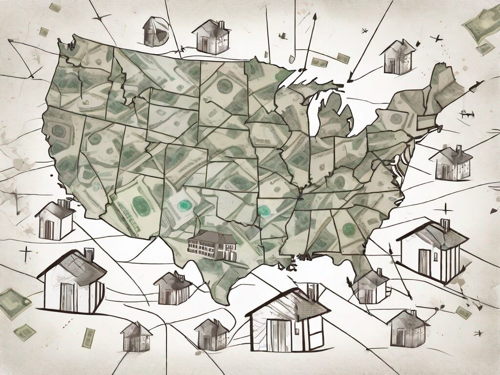 A california map with symbolic representations of houses scattered across