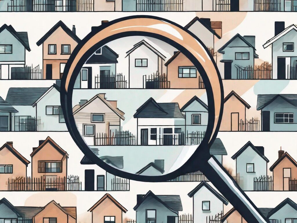 A magnifying glass hovering over a variety of architectural styles of houses