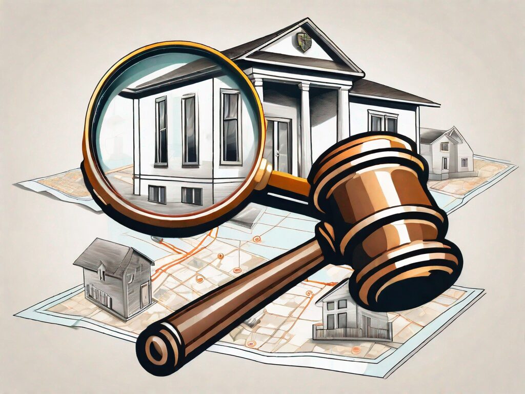 A magnifying glass hovering over a stylized map dotted with gavel icons