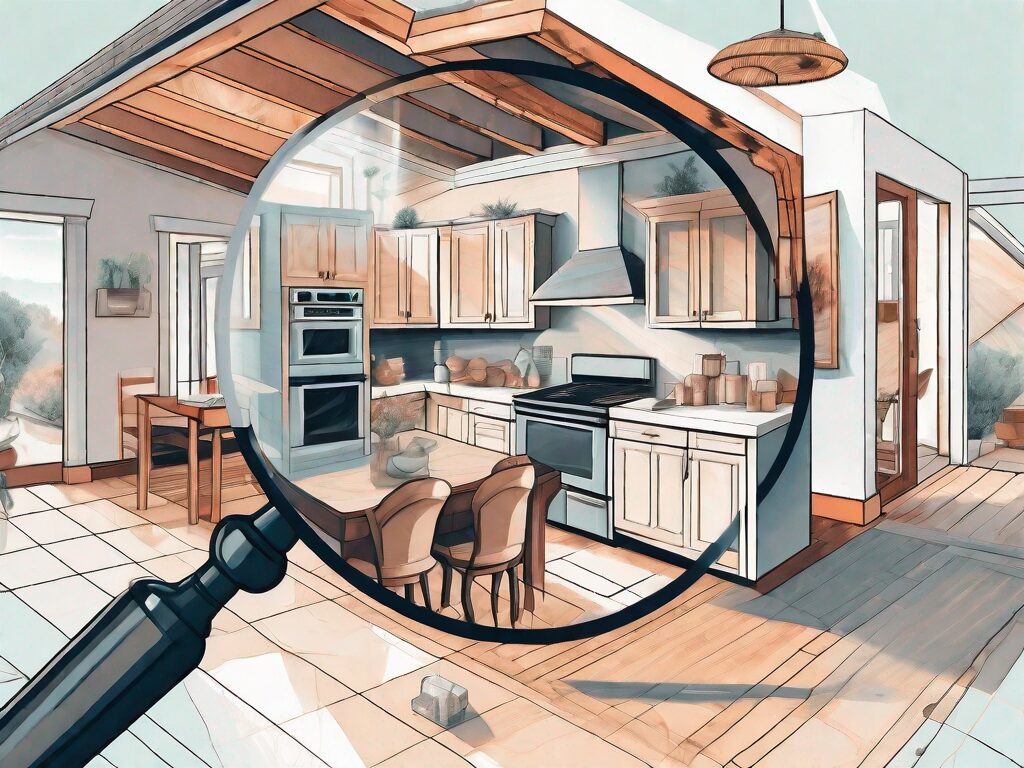 A magnifying glass hovering over a detailed cross-section of a house