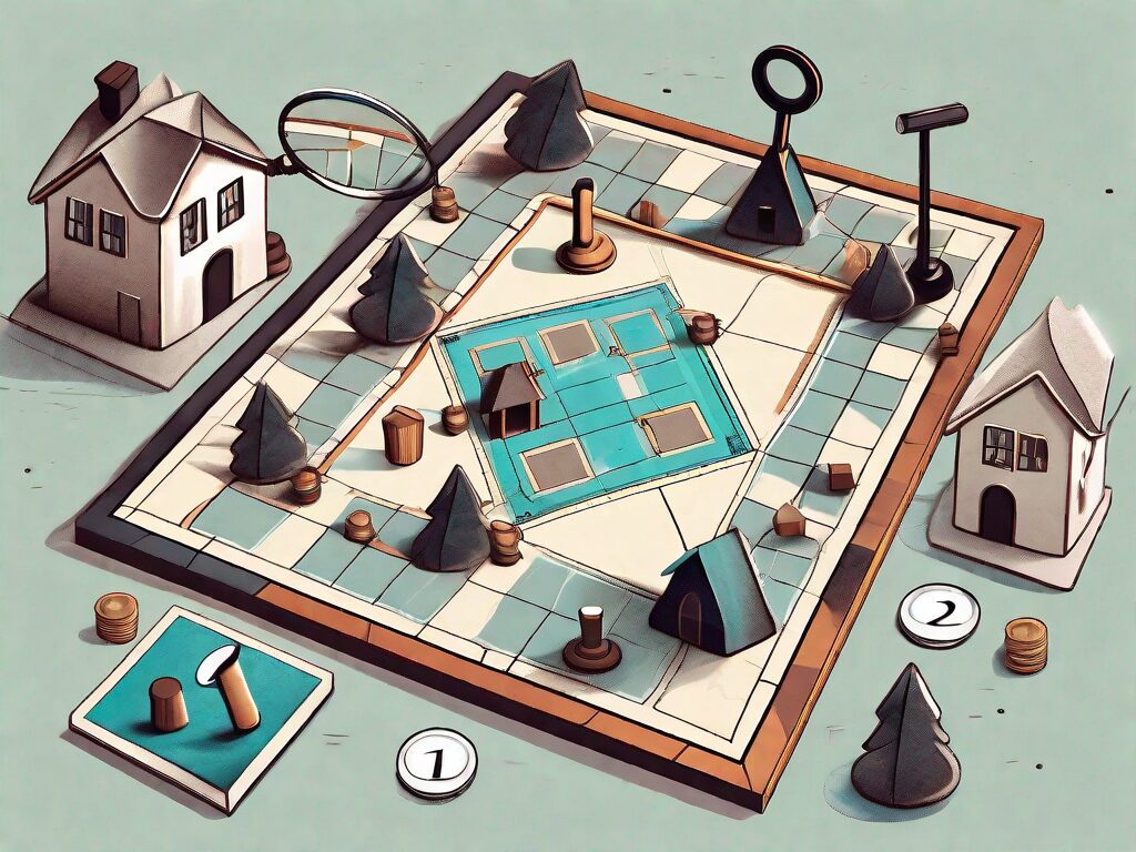 A board game with pieces symbolizing key elements of the real estate offer process such as a house