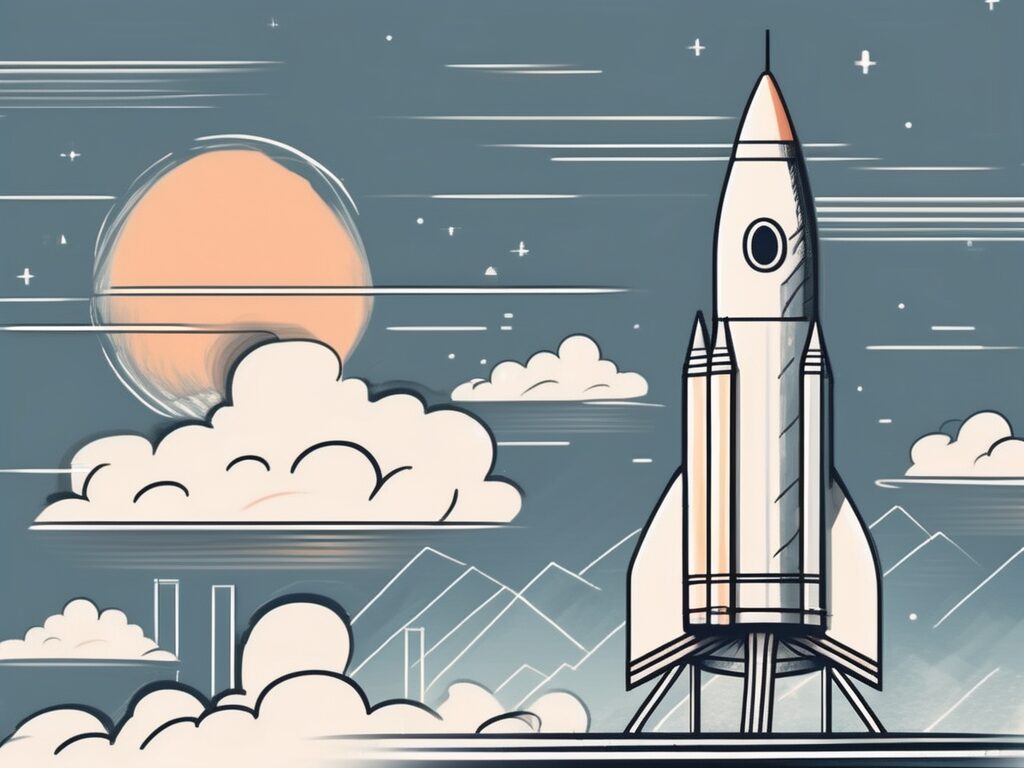 A rocket taking off from a platform shaped like a house