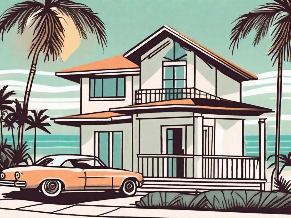 A sunny florida landscape with a for-sale sign in front of a beautiful house