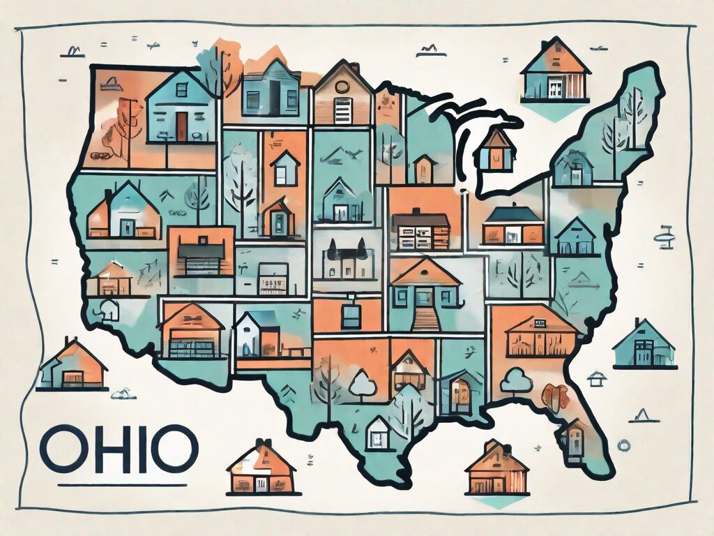 A map of ohio with symbolic icons representing houses