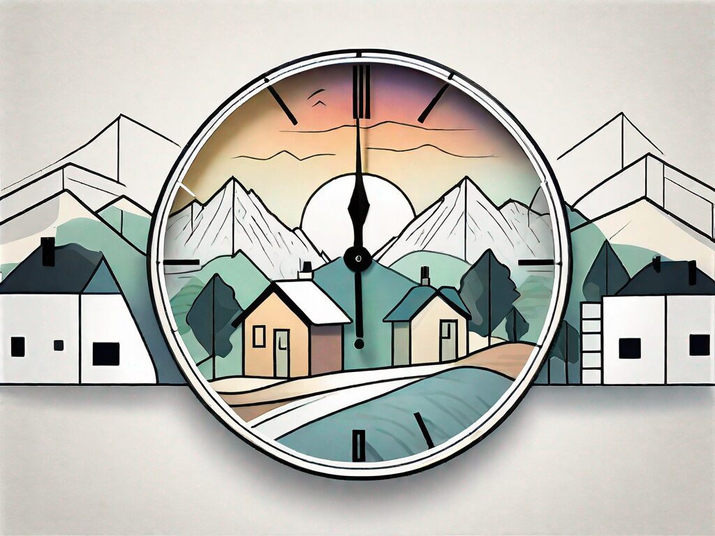 A clock embedded into a stylized colorado landscape with houses