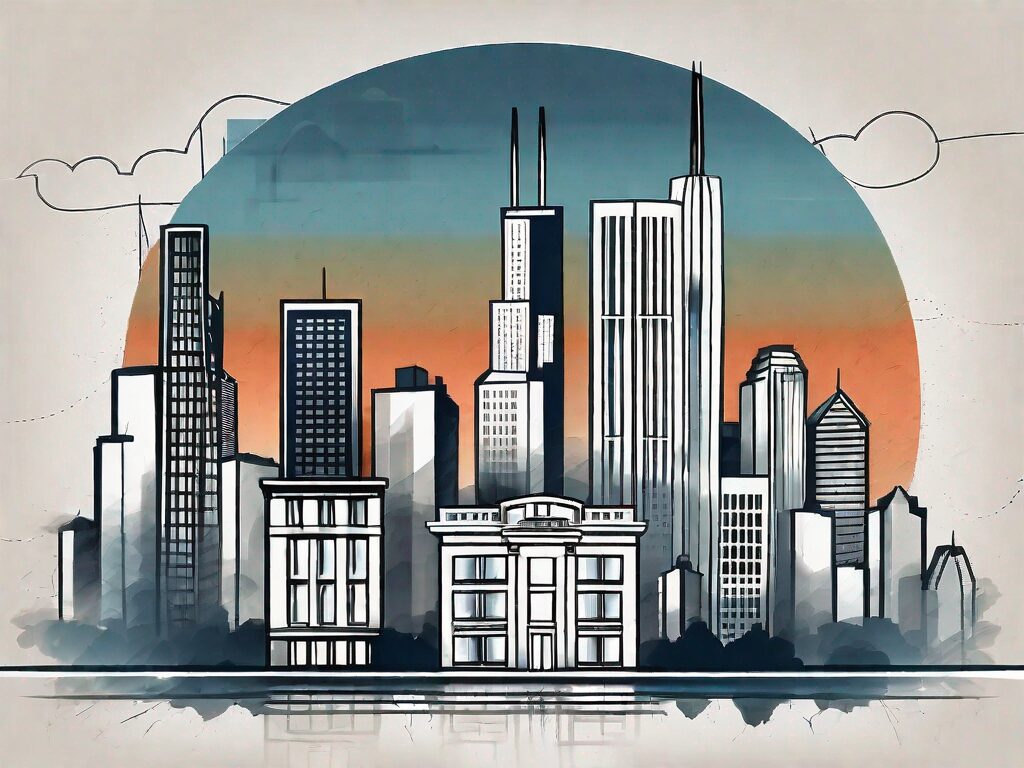 The chicago skyline with symbolic elements like a percentage sign and a house to represent discounts and real estate respectively