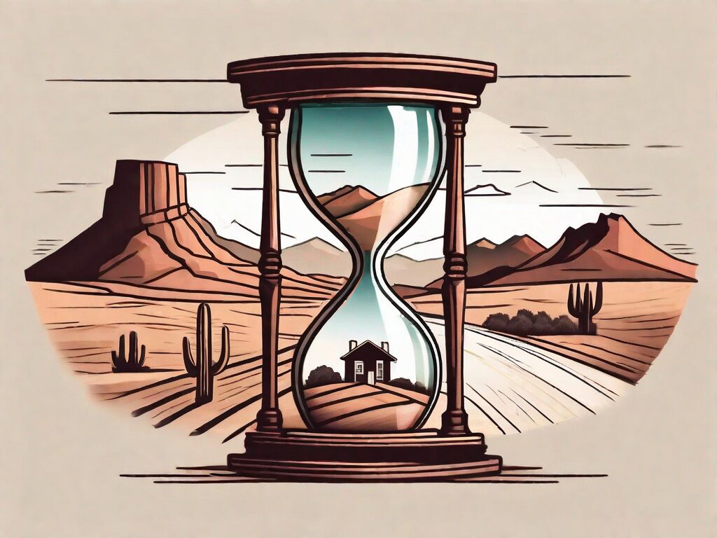 A detailed hourglass with a house in the upper half and the arizona landscape in the lower half