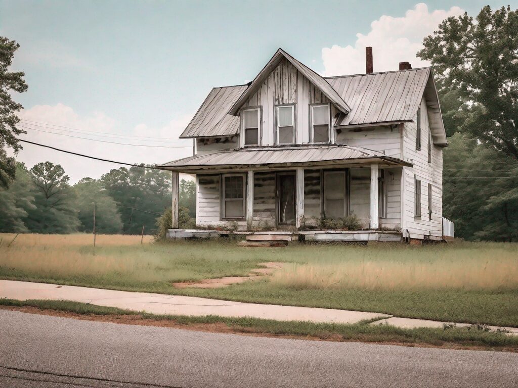 A rustic house in arkansas with a "for sale" sign in the front yard