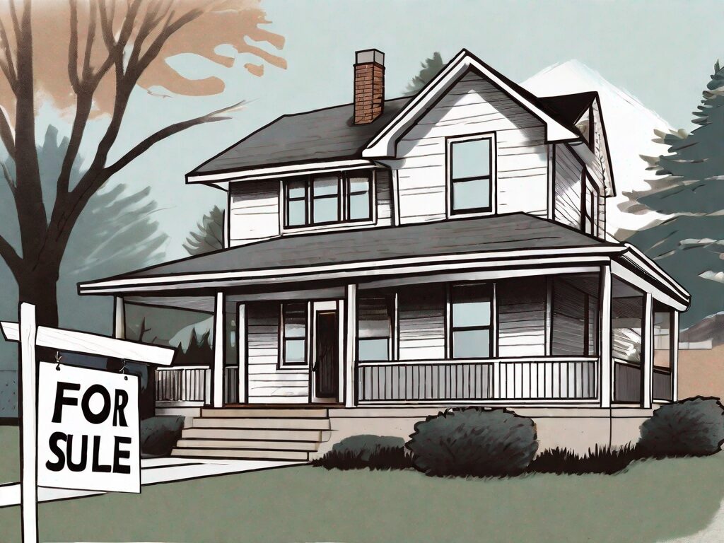 A traditional wisconsin-style house with a 'for sale' sign in the front yard