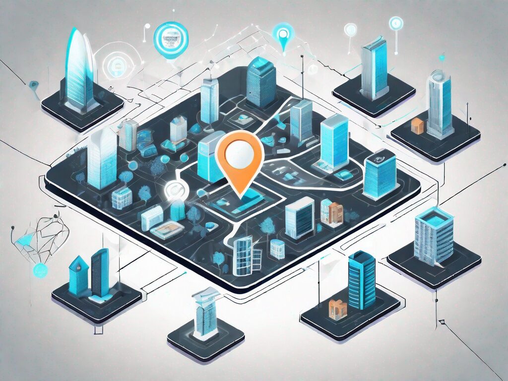 A futuristic digital map pinpointing various real estate properties