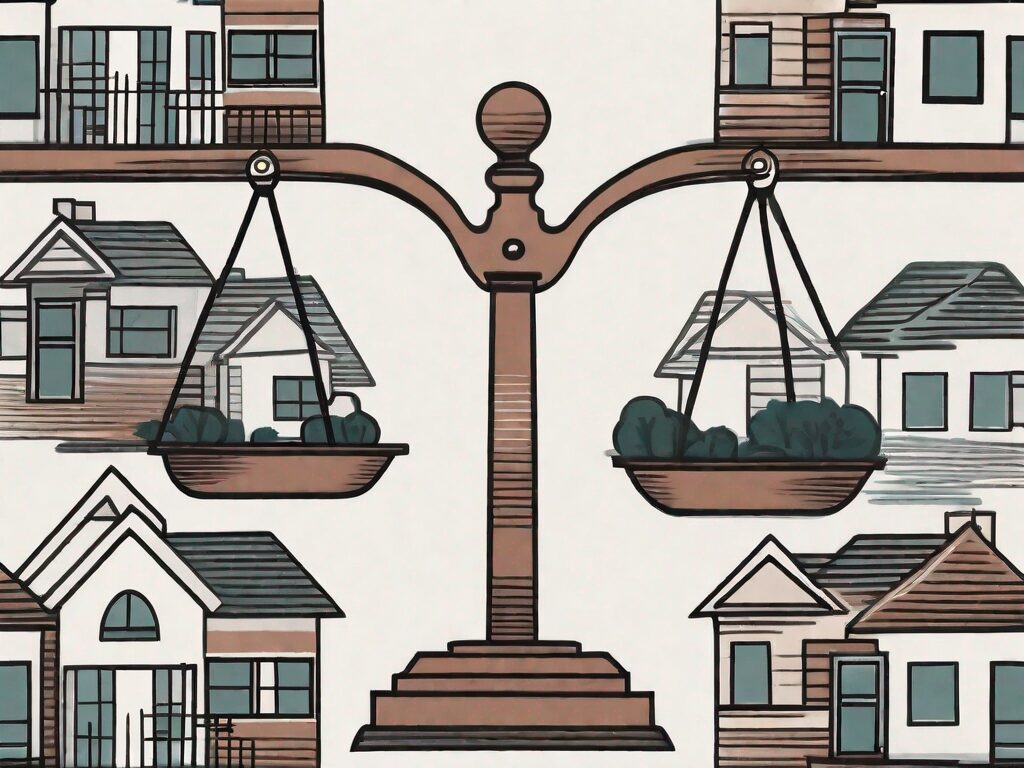 A balanced scale with houses on one side tipping the scale