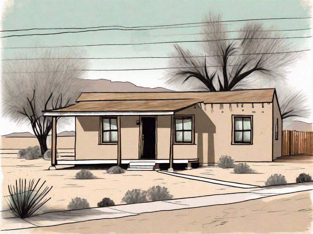 A traditional new mexico adobe house with a 'for sale' sign in the front yard