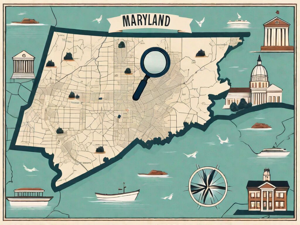 A detailed maryland map with symbolic icons indicating prime real estate locations