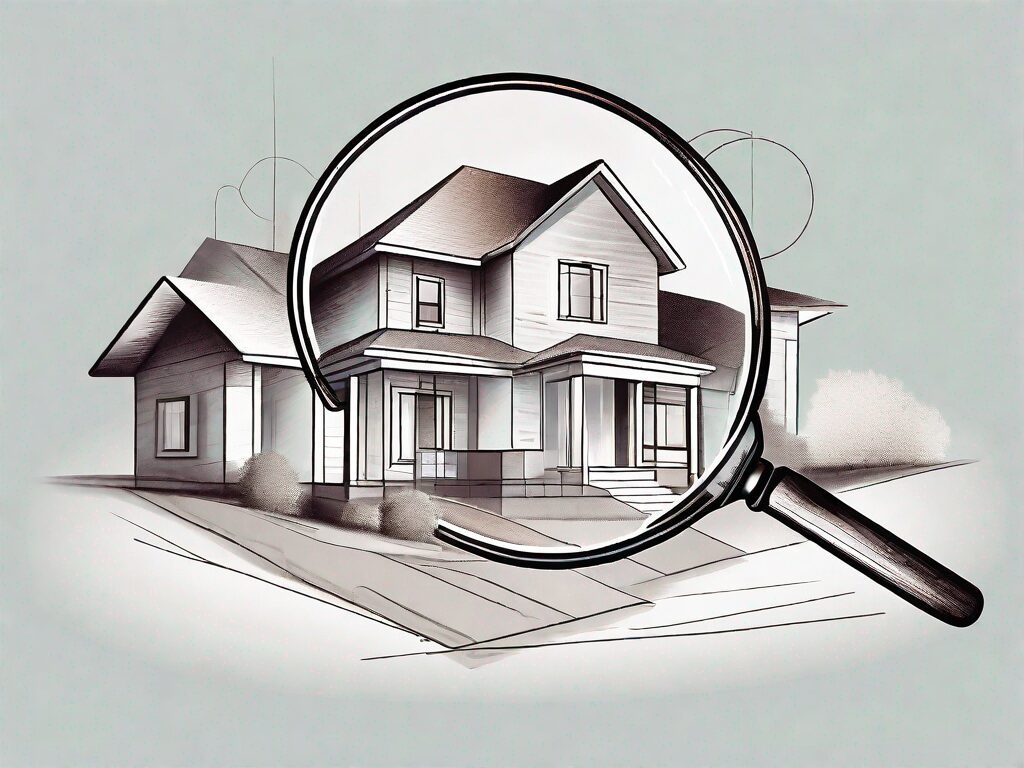 A magnifying glass hovering over a stylized model of a house