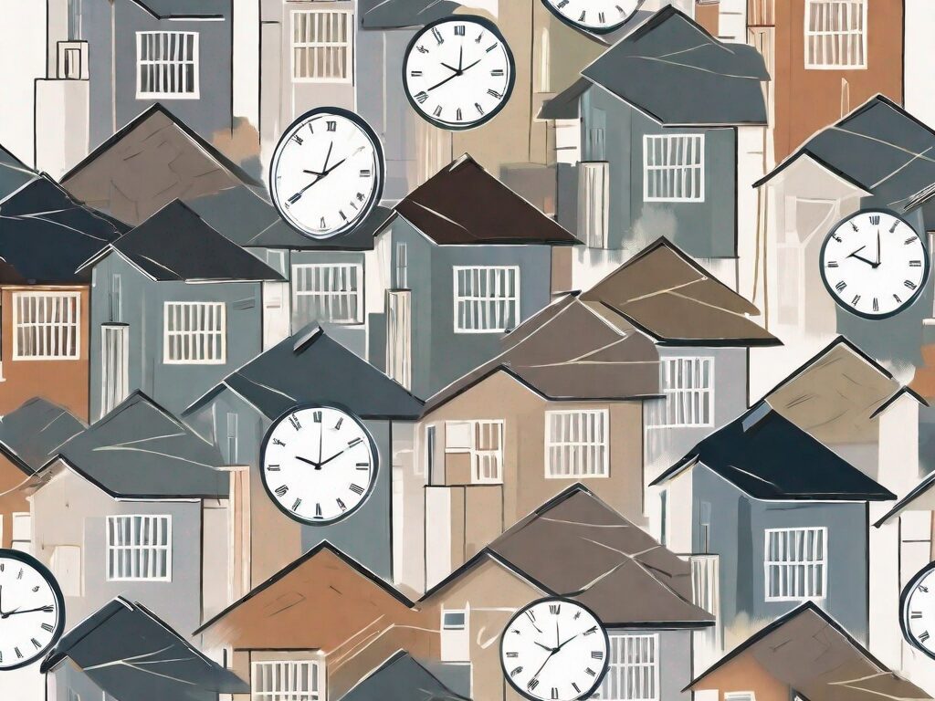 A diverse array of oklahoma-style houses with a large clock overlaying the background