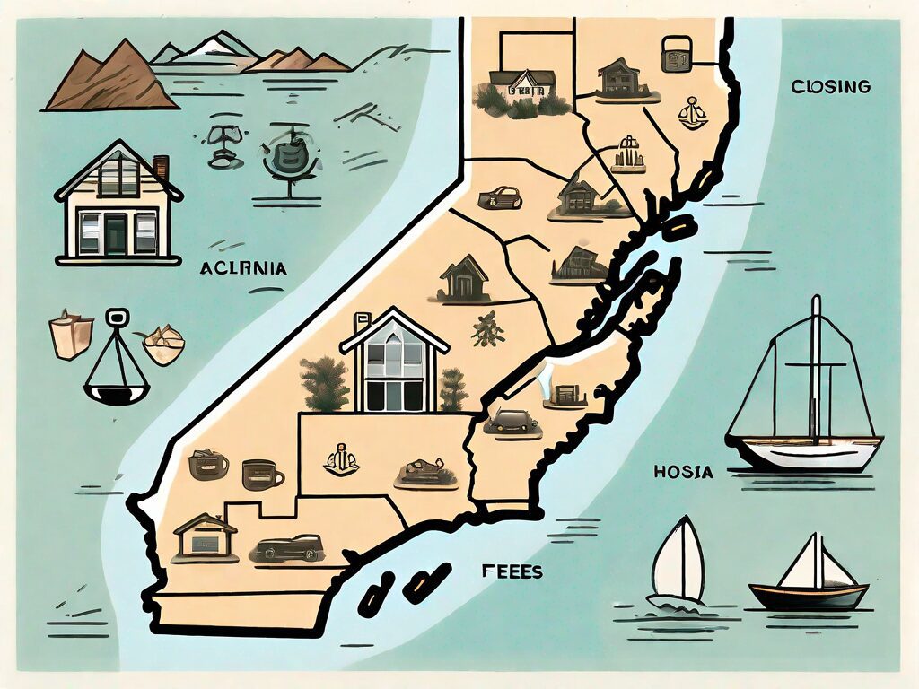 A detailed map of california with symbolic icons representing different types of closing costs such as a house for real estate fees