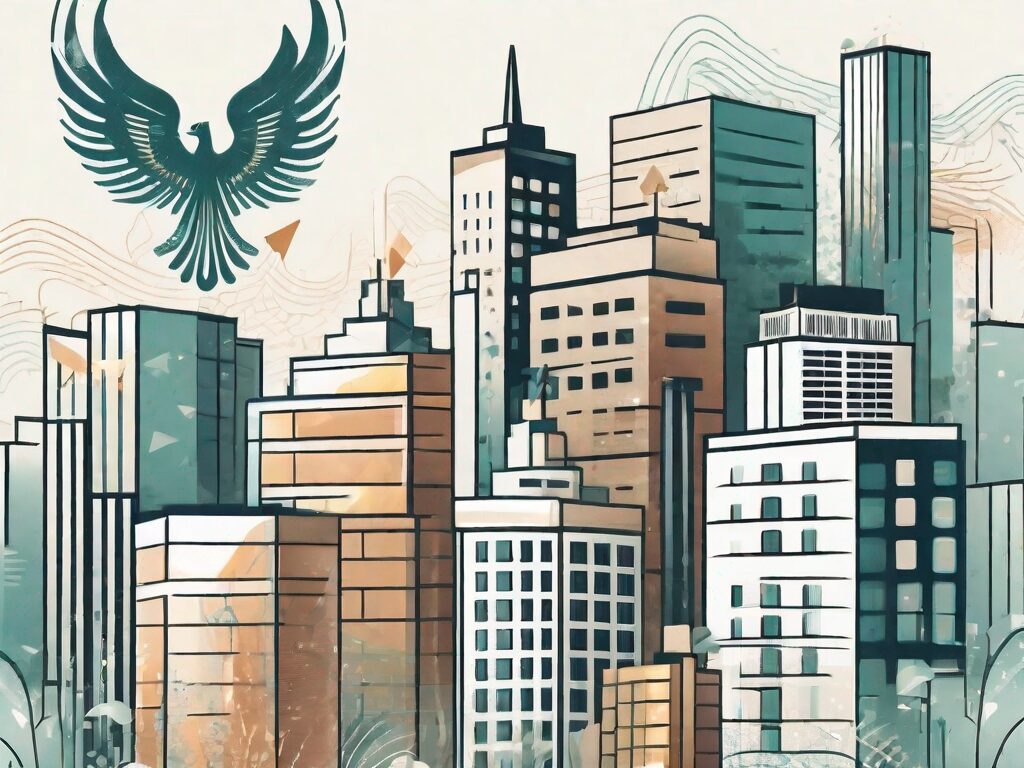 A stylized phoenix cityscape with symbolic elements of real estate such as houses