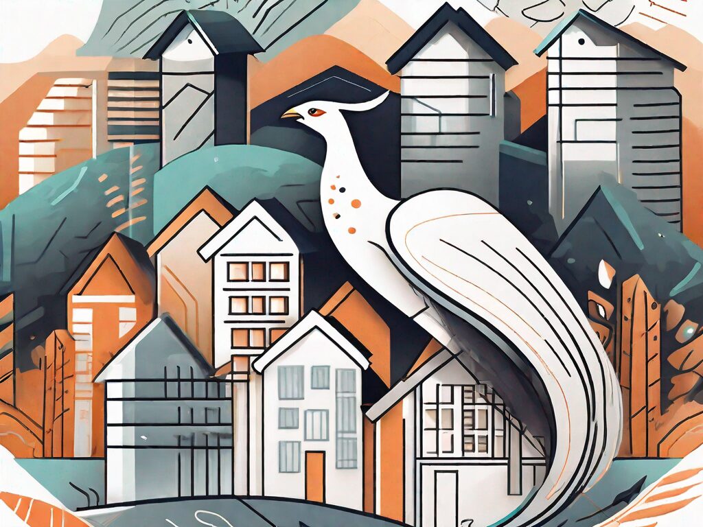 A stylized phoenix bird soaring over a diverse landscape of various types of houses