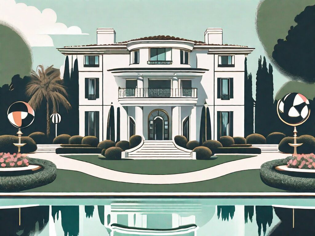 A luxurious beverly hills mansion with a 'for sale' sign on its manicured lawn