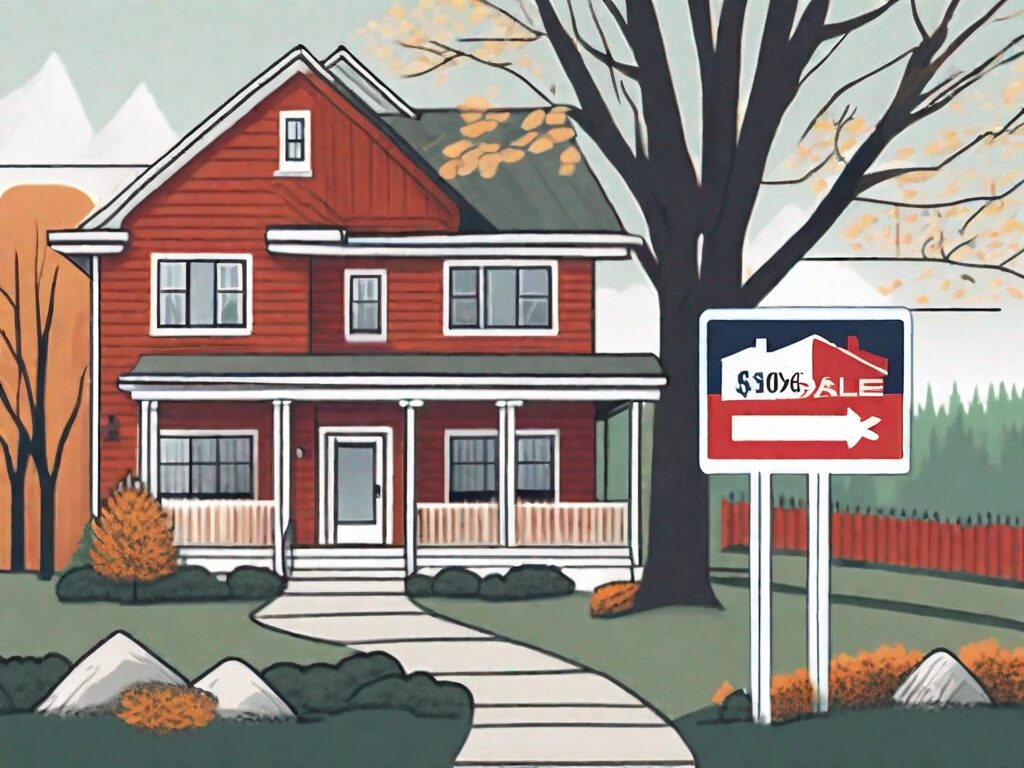 A vermont landscape featuring a home with a 'for sale' sign in the yard