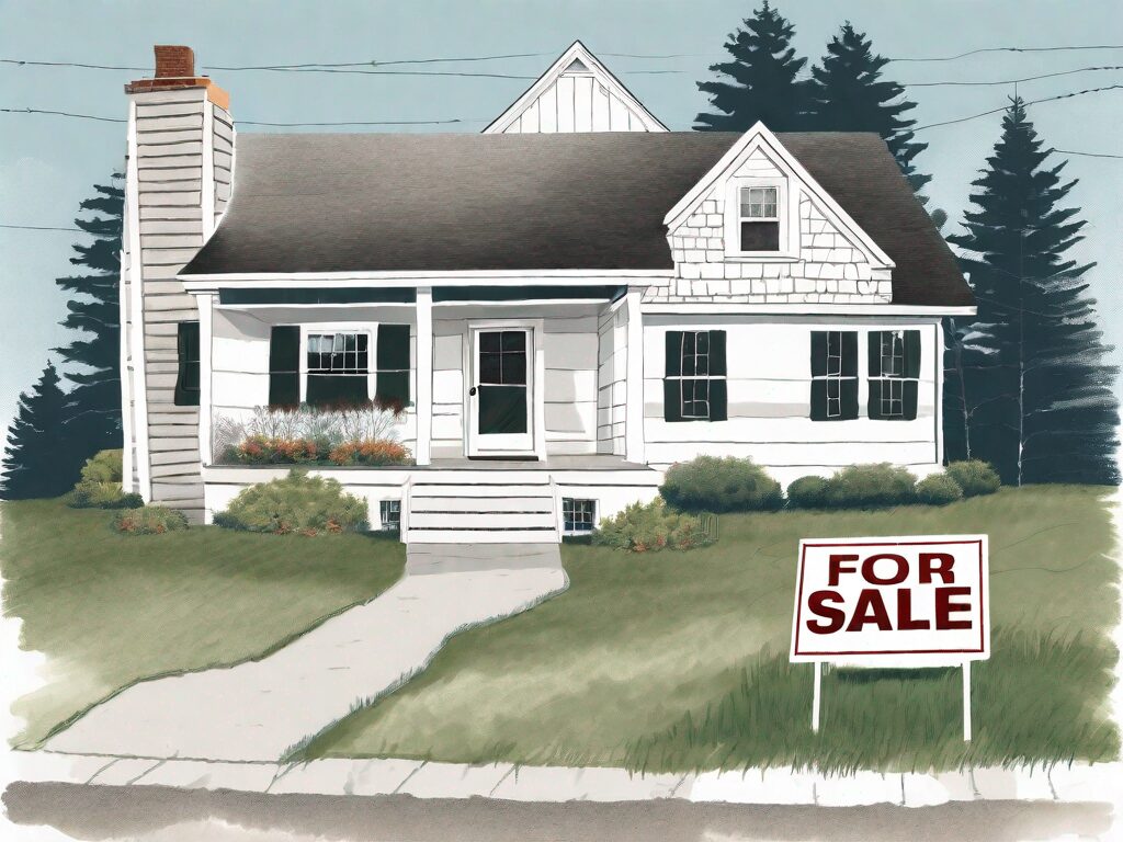 A traditional maine house with a 'for sale' sign in the front yard