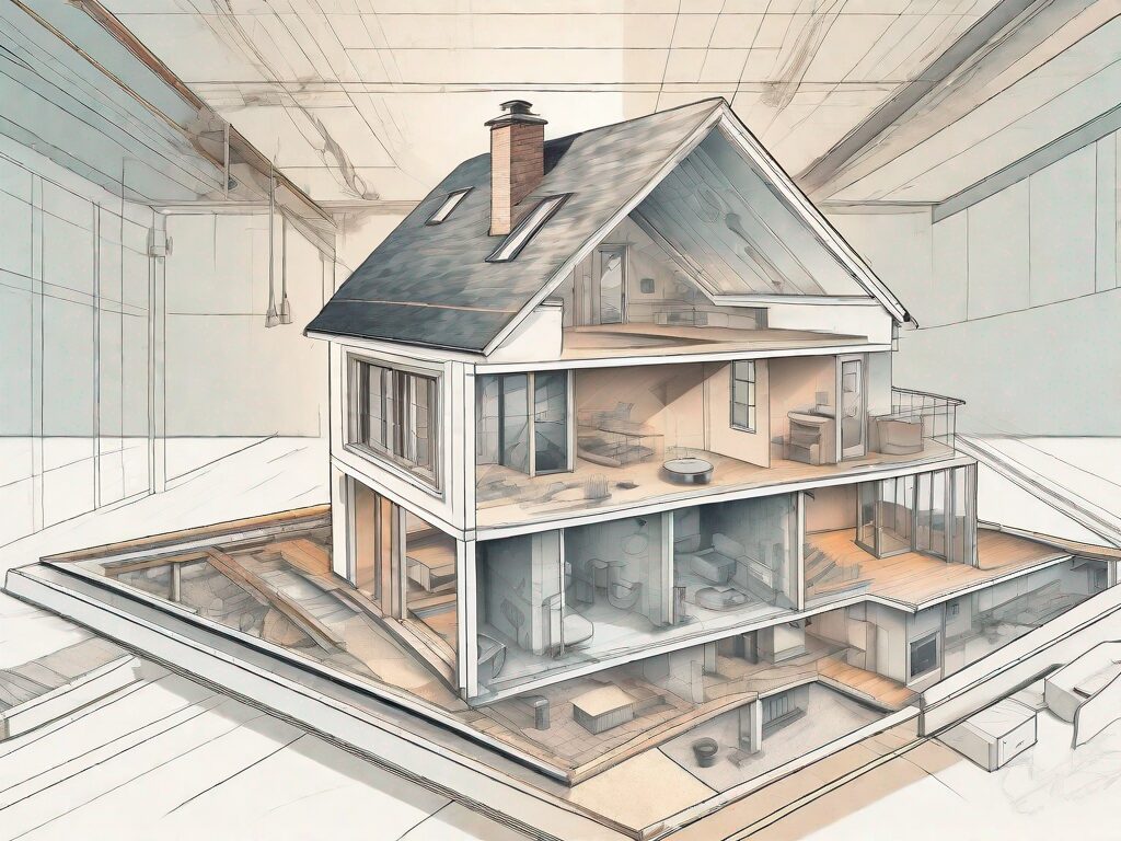 A magnifying glass focusing on a detailed cross-section of a house