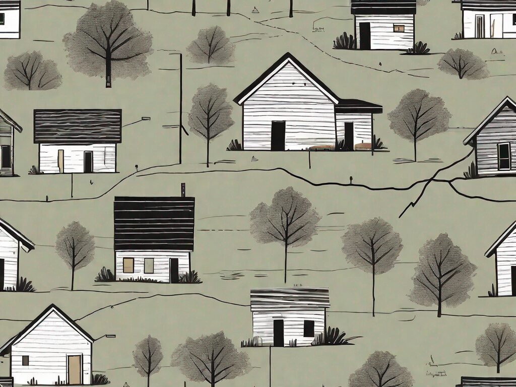 A detailed map of oklahoma with symbolic representations of a storm (to signify unpredictability) and various types of houses (to signify the housing market)