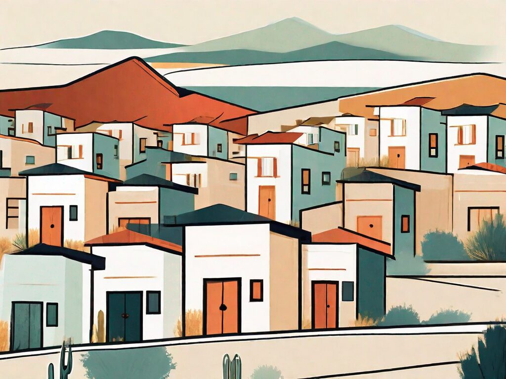 A picturesque albuquerque landscape with various stylized houses and a symbolic flat fee symbol