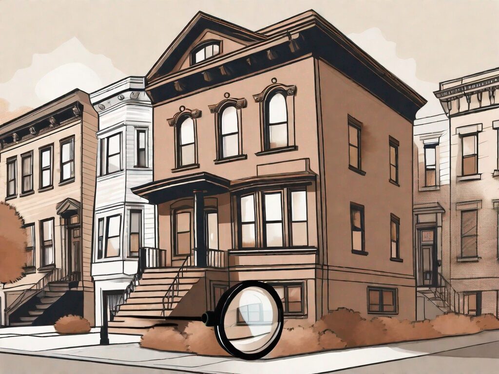 A classic new york brownstone house with a magnifying glass hovering over it