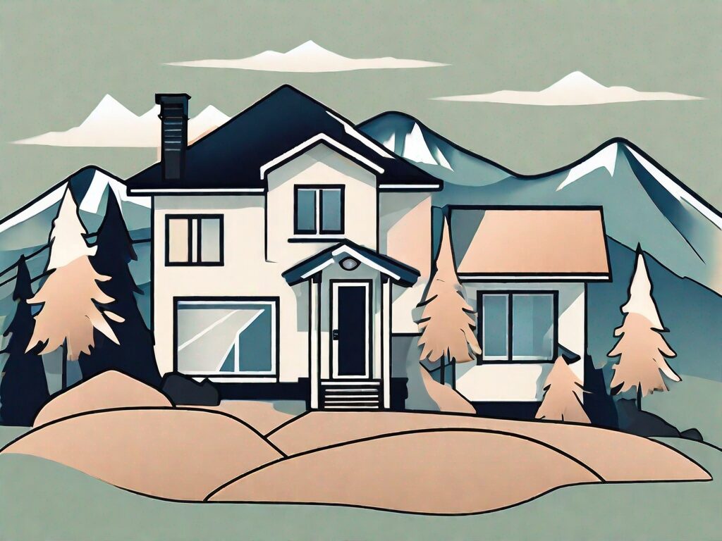 A picturesque alaskan landscape with a few stylized houses dotted around