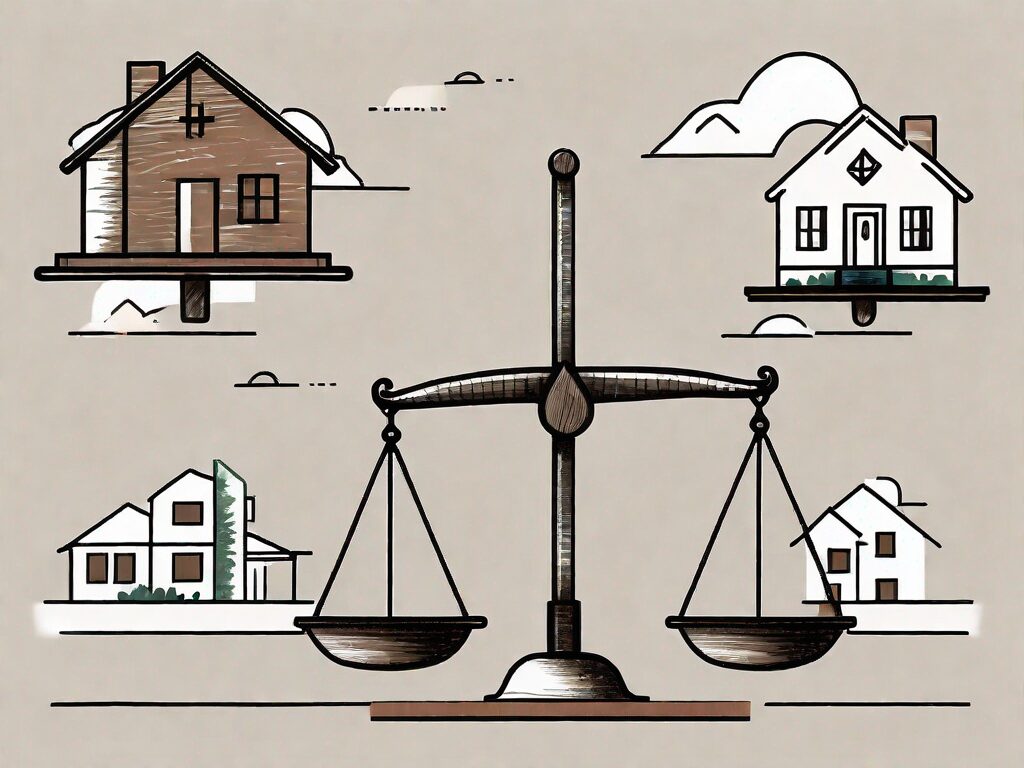 A scale balancing different elements symbolizing real estate services such as a house