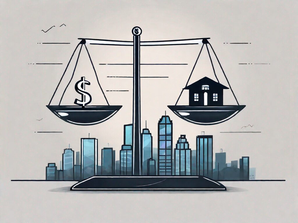 A balanced scale with a symbolic representation of a house on one side and a dollar sign on the other