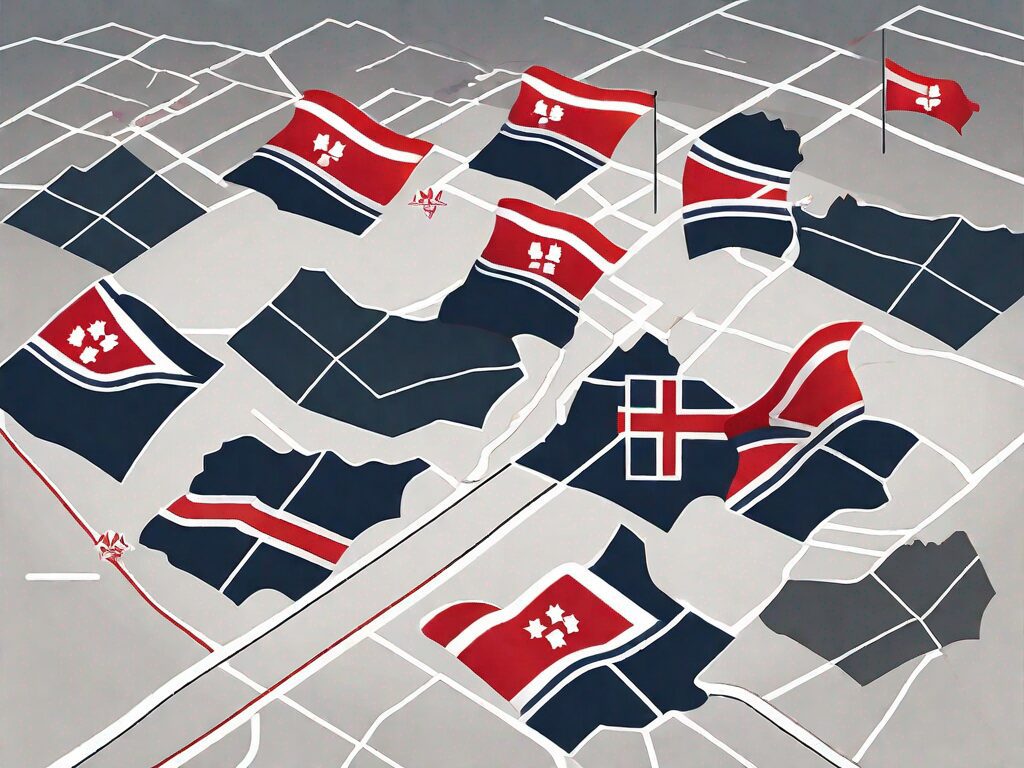 A stylized map of ohio with symbolic flags planted in it