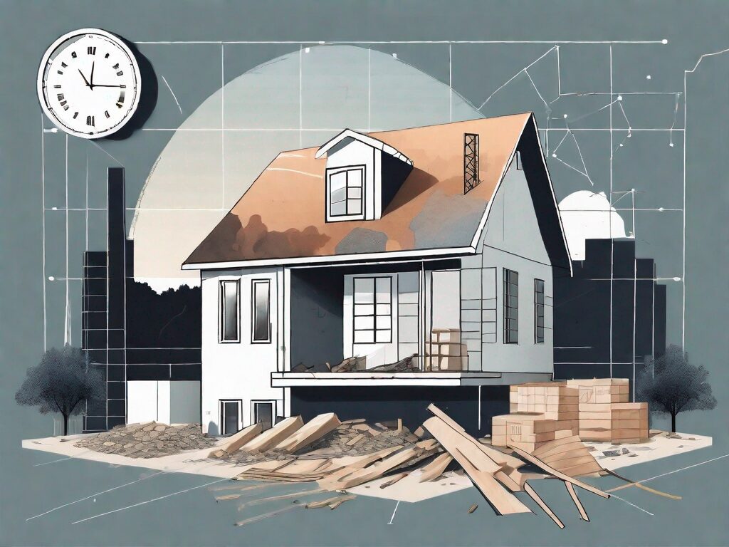 A partially constructed house with various building materials scattered around