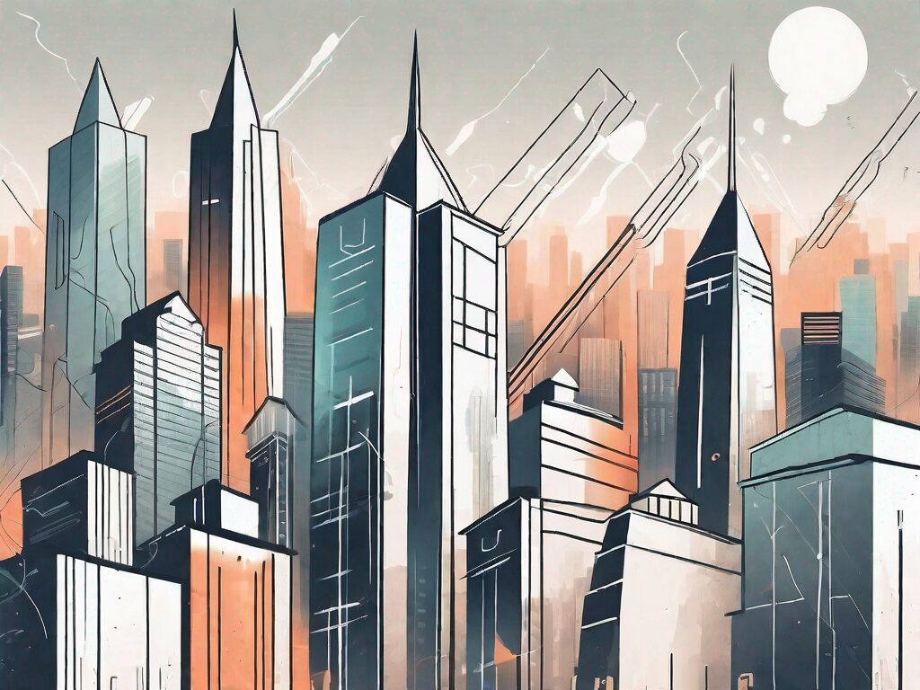 A futuristic cityscape with various stylized buildings symbolizing real estate